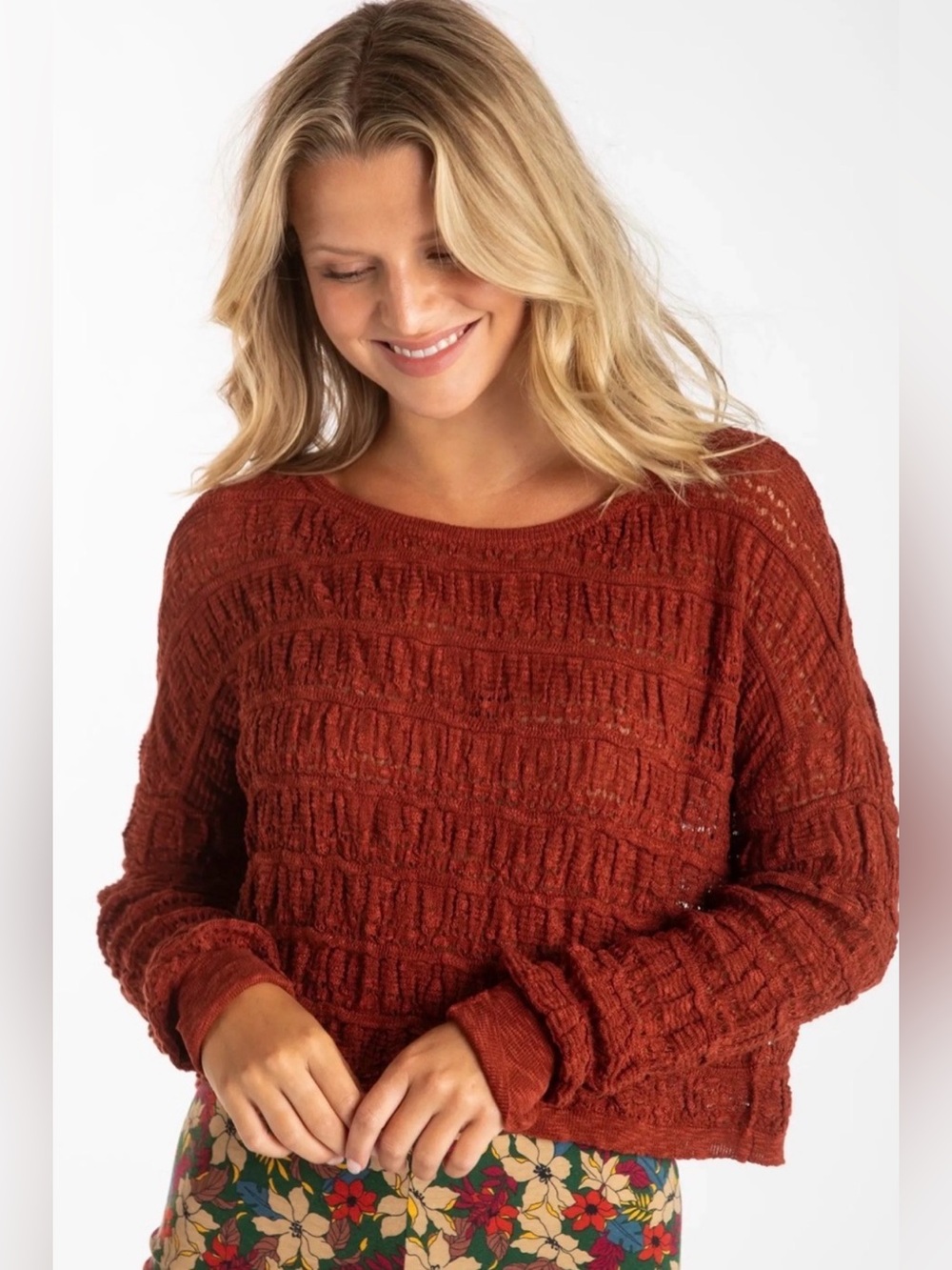 Natural Life Emily Textured Crochet Knit Cropped Layering Sweater Rust
